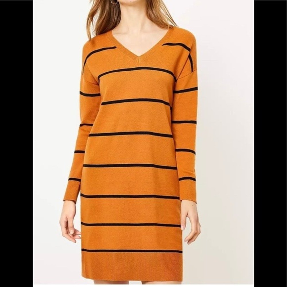 LOFT Women's Orange Black Stripe V Neck Long Sleeve Sweater Dress Size S